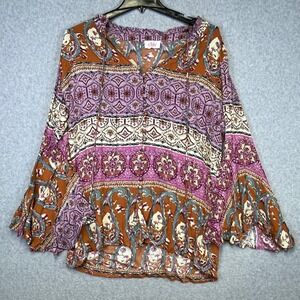 Chic by Ally B Blouse Women's S Multicolor Ethnic Print Bell Sleeve Boho Peasant